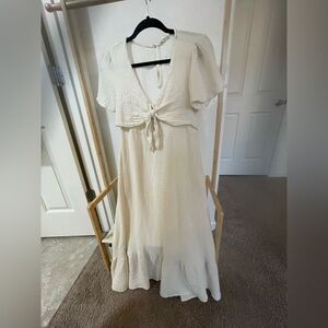 Hem & Thread Cream Maxi Dress with Tie-Front